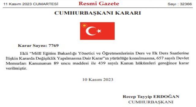 Millî Eğitim Bakanlığı Yönetici ve Öğretmenlerinin Ders ve Ek Ders Saatlerine İlişkin Kararda Değişiklik